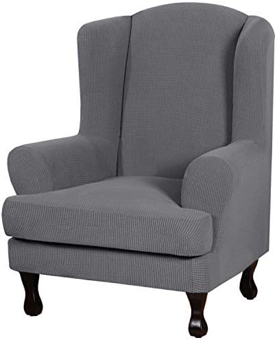 Amazon Com H Versailtex 2 Piece Stretch Jacquard Wingback Chair Covers Slipcovers Wing Chair Covers Base Cover Plus Seat Cushion Cover Furniture Covers For Wingback Chairs Form Fitted Thick Soft Grey Kitchen Dining