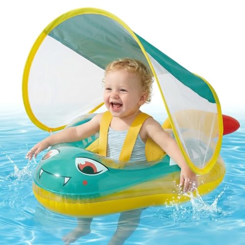 Baby Swim Ring with Sun Shield, Anti-Roll Baby Swimming Pool, Baby Parasol Buoy with Balance Ball, Inflatable Baby Swim Ring 10-24 Months 8-16 kg, Baby Swim Ring Inflatable Swimming Pool