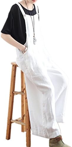 Women 100% Linen Casual Wide Leg Cropped Pants Low Crotch Loose Fit Rompers Trousers