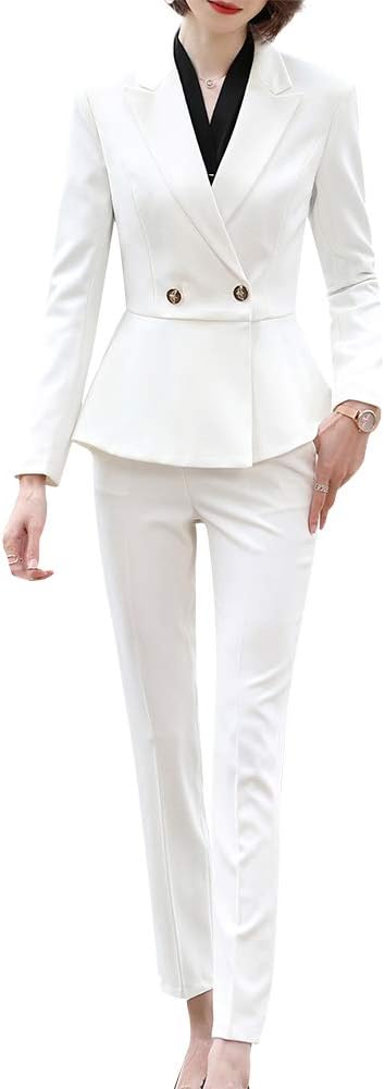 LISUEYNE Women’s Elegant 2 Piece Office Lady Business Suit Set Slim Fit Work Suits for Women Blazer Jacket,Pant/Skirt Suits (A48-WhiteKZ, 2XL)