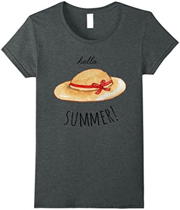 Womens Hello Summer Shirt Beach Vacation  Sun Hat Mom Bestie  Large Dark Heather