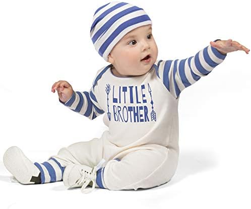 Tesa Babe Little Brother Romper & Hat Set for Newborn Baby Boys, Blue Stripe