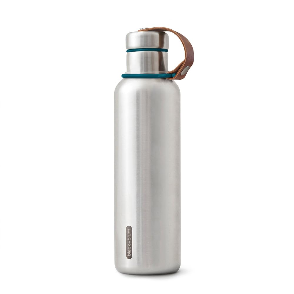 BLACK+BLUM - Water Bottle - Stainless Steel Thermal Insulated Leak Proof Travel Thermo Flask with Wide Spout and Stylish Vegan Leather Carry Loop - Keeps Hot for 12hrs, Cold for 24hrs, Ocean - 750ml
