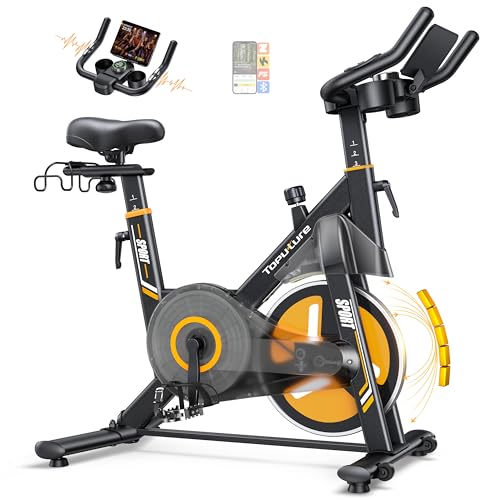TOPUTURE Exercise Bike, Quiet Exercise Bike with 32 Levels Electric Magnetic Resistance, Premium Touch Screen with App and Heart Sensor, Dumbbell Support, Capacity 150kg