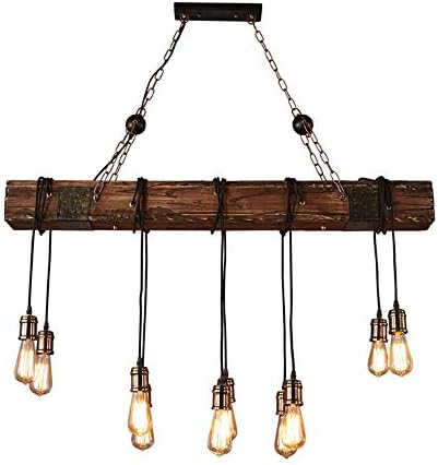 10-Lights Chandelier, Wooden Retro Rustic Pendant Light, Adjustable Hanging Ceiling, Lighting Hanging Ceiling Fixture for Kitchen Island Living Room Bar