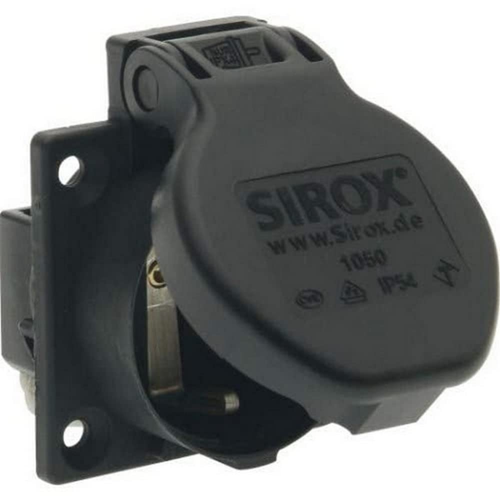 SiRoX Protective Contact Built-in Socket IP54 – 250 V 16 A, Black, with Nickel-Plated Contacts, Large Hinged Cover, Flange Size 50 x 50 mm, Hole Size Diameter 43 mm, Mounting Dimensions 38 x 38 mm