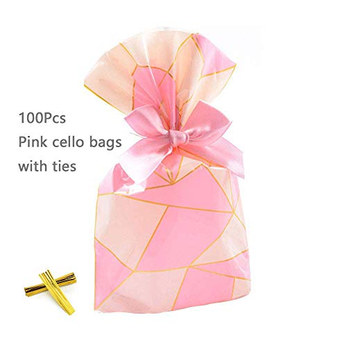 Woparty 100 Pack Clear Cello Bags 7.8x5.5x2.3 inch for Plastic Favor cellophane Treat Cookie Bags,Pink Geometric with Gold Twist Ties - Thumbnail 3
