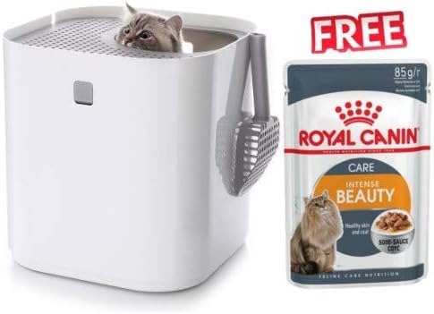 ModKat Modko Cat Litter Box White Innovative Litter Box For Clean Surrounding Area With Silver Litter Insert and Scoop + Royal Canin Intense Beauty in Gravy