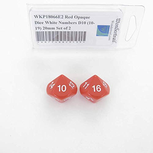 Red Opaque Dice with White Numbers D10 (10-19) 20mm (25/32in) Set of 2 Wondertrail