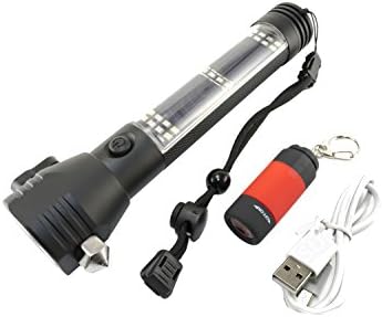 Rechargeable Solar LED Flashlight with Window Breaker Tool, Car Seat Belt Cutter, and Compass - For Camping Safety, Travel, or Emergency - All In One Multipurpose Tools