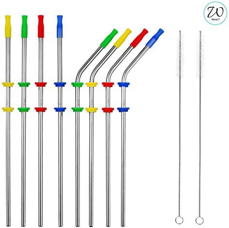 West7 Stainless Steel Drinking Straws With Silicone Tips, Silencers, Cleaning Brushes & An Eco-Freindly Packaging (10.5 Inch * 6 mm, 4 Straight + 4 Bend + 2 Brush)