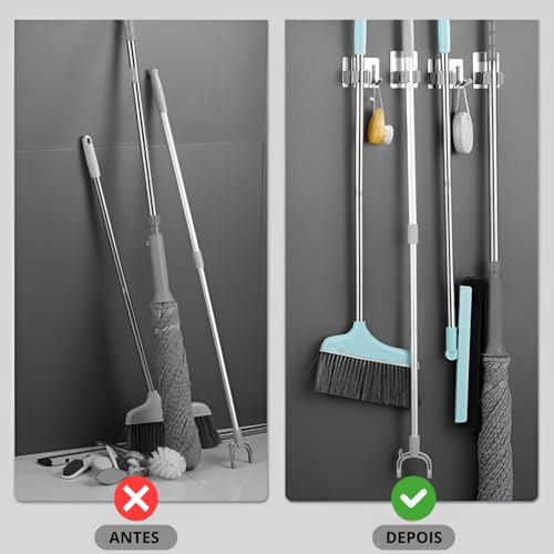 Kit 3 Unidades – Suporte Porta Vassouras em Aço Inox Premium com Prendedores Antiderrapantes e Ganchos – Organização Completa para Cozinha, Lavanderia e Garagem com Fixação Adesiva