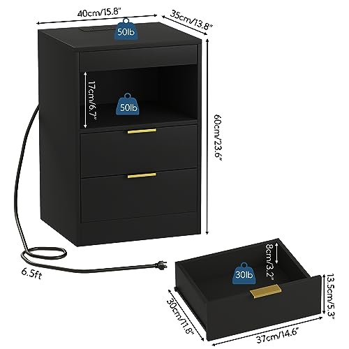 Yusong LED Nightstand Bedside Table with Charging Station 2 Drawers, Black Modern Sofa Couch End Side Table with LED Lights and Pull-Out Shelf for Bedroom Living Room, Wooden
