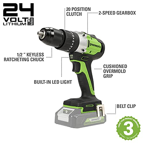 Greenworks Akku-Bohrschrauber GD24DD60 (Li-Ion 24V 60 Nm Drehmoment 1700 U/min 1/2 „Schaftdurchmesser leistungsstarker… – Bild 3