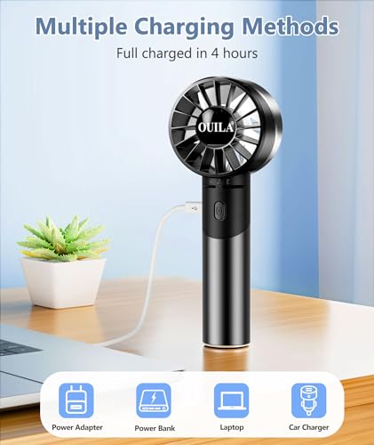 OUILA Mini Portable Handheld USB Fan, 2600mAh Rechargeable 4 Speeds Small Pocket Fan with Metal Material Pocket for Office Home Outdoor
