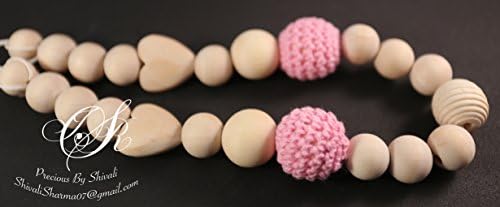 Pink Crochet Beads Teething Necklace, Nursing Baby Wearing Wood Sensory Teether, Baby Teether, Safe Teething Necklace with Organic Natural Wood, Kids Wooden Teether Necklace