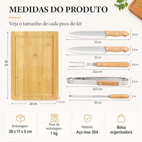 Jogo de Churrasco Tradicional 6 Peças, Kit Churrasco com Tabua, Faca Churrasco, Garfo Trinchante, Pegador para Carne e Afiador, Laminas em Aço Inox, com Bolsa Portátil, Ideal para Camping e Viagens