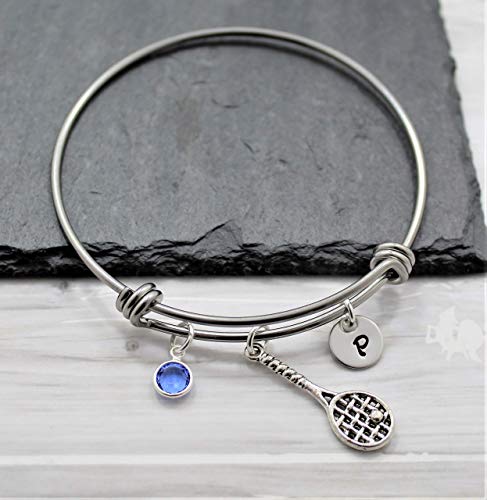 Tennis Racket Charm Bracelet - Personalized Birthstone & Initial - Tennis Racquet Jewelry for Girls & Women