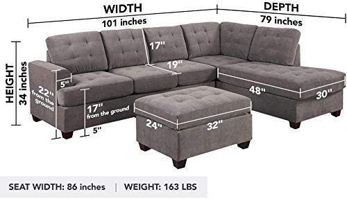 Ashley KDIHAS Grey Charcoal Sectional Sofa Couch with Chaise and Ottoman 3pc Modern Reversible