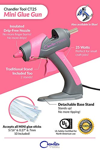 Chandler Tool Mini Glue Gun - 25 Watt Mini Size High Temp Hot Melt Mini Glue Gun Kit with 12 Pcs Mini Hot Glue Sticks, Patented Base Stand &, for Arts & Crafts, DIY & More (Pink)