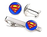Classic Superman Tie Clip, Man of Steel Cufflinks Tack, Justice League Jewelry Cuff Links, Superhero Wedding Party Jewelry