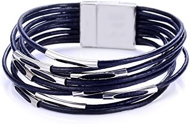 Rui Long CCB Tube Spacer Multi-Layer Leather Cord Magnetic Clasp Wrap Bracelets Women Men
