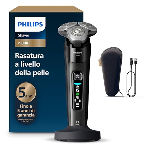 Philips Shaver i9000, rasoio elettrico Wet & Dry, inchiostro nero, con tecnologia Skin IQ, triplo sistema di sollevamento e taglio, doppie lame di precisione rotanti a 360 gradi in acciaio, X9000/10