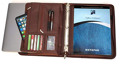 Professional Business Padfolio Portfolio Organizer Interview Folder with Notepad and Removable 3 Ring Binder, Card Slots, Multiple Zippered Pockets - Almond Brown Synthetic Leather