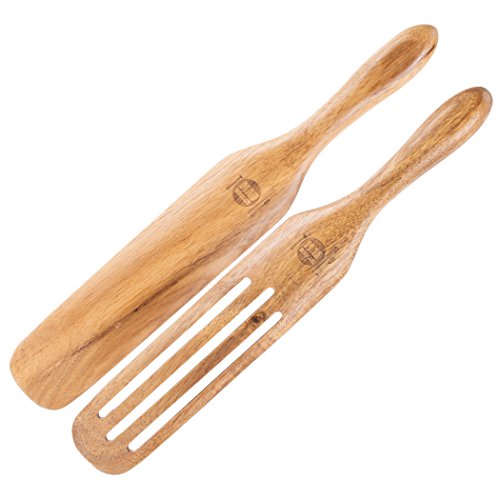 Mad Hungry 2-Piece Acacia Wood Spurtle Set (Stirring Spatula/Spoon) - 12-3/4 Inch Solid Spurtle And 12-3/4 Inch Slotted Spurtle