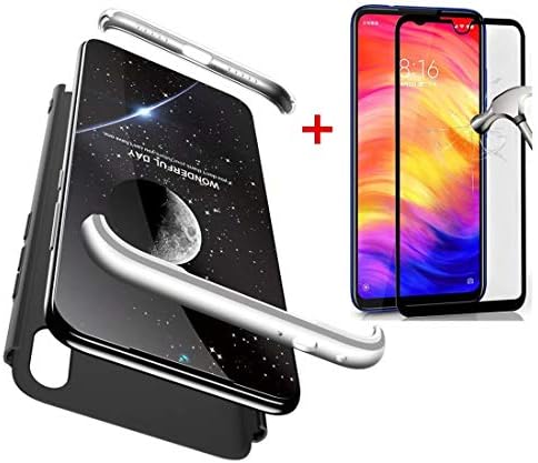 AILZH cover compatible with Xiaomi Redmi note 7/note 7 pro Case+[Tempered glass film] 360 degree cover protection PC Hard Shell Scratchproof Anti-Shock Bumper shockproof Matte cover(Silver black)