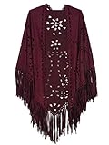 Choies Women's Coffee/Burgundy Suedette Laser Cut Fringed Cape Coat Shawl Wrap Scarf