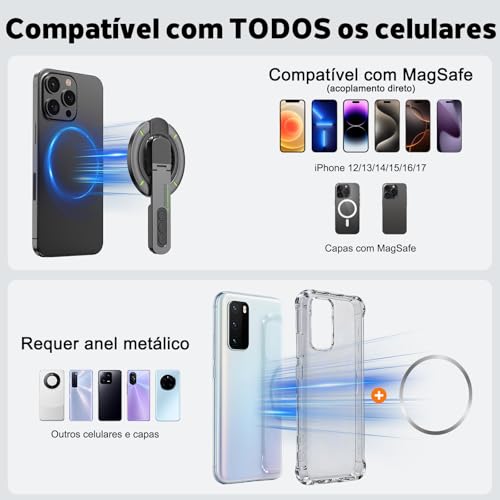 Tobeape Suporte MagSafe 3 em 1 para Celular – Anel Magnético Ajustável com Ímã Dupla Face e Design Anti-Estresse, Compatível com iPhone 17/16/15/14/13/12 e Outros Smartphones (Preto)