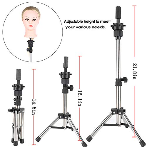 Wig Mannequin Head Stand Tripod,FFLIN Adjustable Mini Training Head Holder for Cosmetology Hairdressing (14-21inch,Stainless Steel)