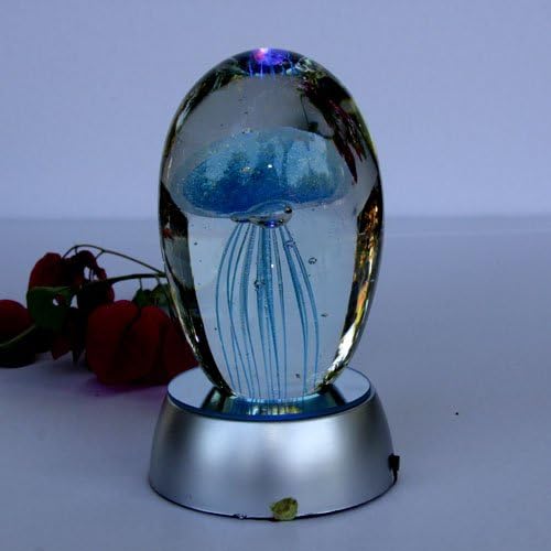 Hand blown glass - Jellyfish Paperweight , Glow in the Dark Glass with Multi-color Light Base ( (TURQUOISE)