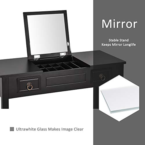 Vanity Set with Flip Top Mirror and Cushioned Storage Stool Bench Makeup Dressing Table Study Writing Desk with 2 Drawers Stool 3 Removable Organizers in Black