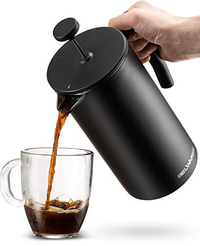 (Renewed) Belwares Large French Press Coffee Maker with Extra Filters for a Richer and Fuller Coffee Flavor, Designed with Double Wall Black Stainless Steel to Preserve Hot Coffee Temperature (50oz)