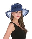 SAFERIN Women's Kentucky Derby Sun Hat Church Cocktail Party Wedding Dress Organza Hat Two Tone Color (Navy with Sapphire Blue Line)