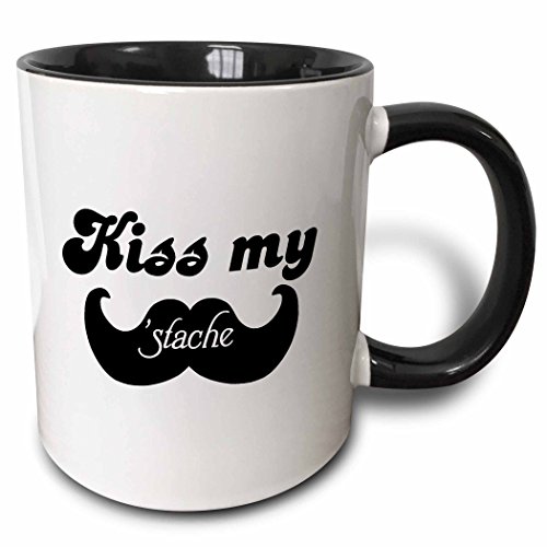 3dRose mug_76618_4 "Funny Kiss my stache mustache humor - Black and white moustache fun wordplay pun joke" Two Tone Black Mug, 11 oz, Multicolor