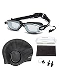 HAIREALM Prescription Swimming Goggles(Myopia 0-8.0 Diopters),Corrective Nearsighted swim goggles+Swimming cap+Nose Clip+Ear Plugs, No Leaking Anti-Fog UV Protection for Adult Men Women Youth Kids