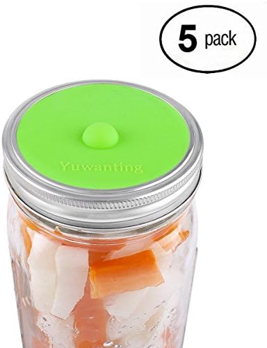 Fermentation Lids for Mason Jars. Made of Maintenance free silicone airlock waterless and BPA free, Wide Mouth, 5pc by YUWANTING. (Green)