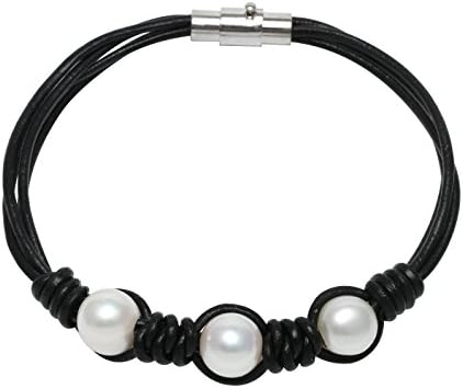 Yunhan Handmade Cultured Freshwater White Pearl Leather Bracelet with Black Leather Cord 7.8''