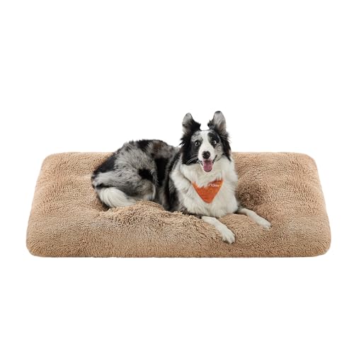 Feandrea Cuccia per Cani, Tappetino per Animali di Peluche Morbida, 122 x 74 cm, Imbottitura Soffice, Lavabile, Cuscino per Cani Multiuso, Marrone Cammello PGW204K01