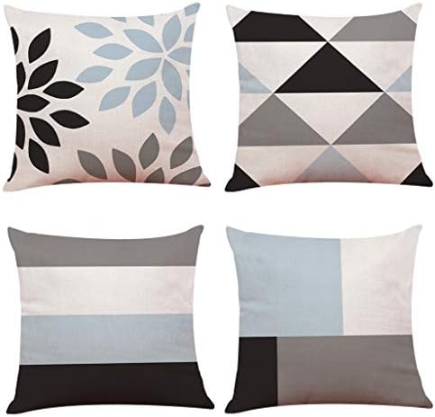 Youngnet Blue and Cream Geometric Throw Pillow Covers 18x18 inch Cotton Linen Cushion Cases Home Decor, Set of 4