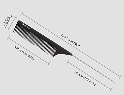 HYOUJIN 608 Black Carbon Pin tail Comb,100% Anti static 230℃ Heat Resistant,Metal Pintail Comb,Rattail Lift Comb,with Non-skid Paddle for hair styling