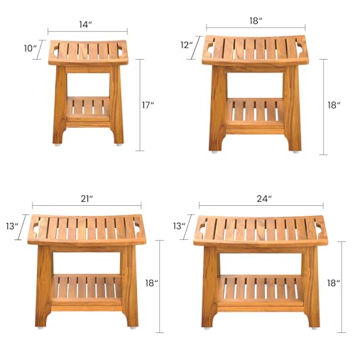 18" Standard Teak Shower Bench with Shelf & Handle - Waterproof, Non-Slip Bath Stool, 300 lbs Capacity - Fits Standard Tubs/Showers & Outdoor Use (Patented)