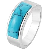 ZORVYSSA Stainless Steel Ring with Turquoise Inlay, Men's Fashion Band, Silver