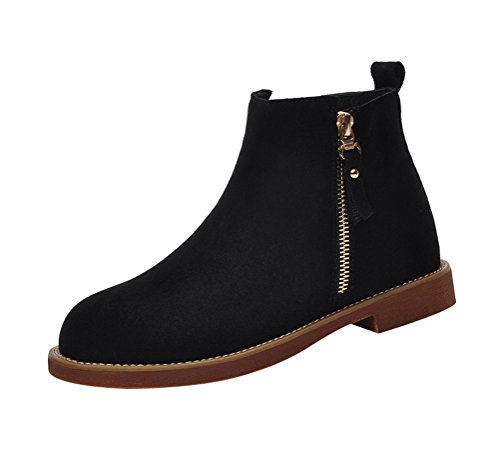T&Mates Womens Round Toe Flat Shoes High Top Leather Ankle Booties Boots With Side Zipper (8.5 B(M)US,Black)