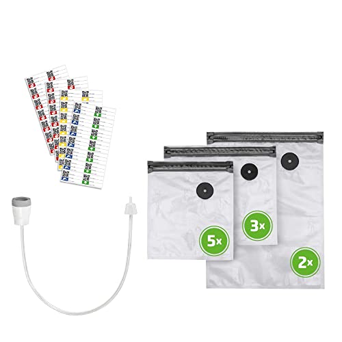 CASO Bolsas de vacío con cierre zip y un adaptador kit para todos los CASO envasadoras al vacío de alimentos, kit con 10 Bolsas y un adaptador, Aplicacion gratuita Food Manager