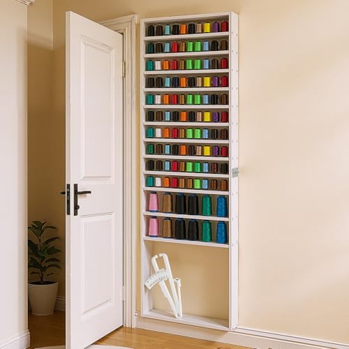 Geelin Extra Large Wooden Sewing Thread Holder Wall Mount Rack Heavy Duty (12 Small/2 Large Slots)+Tool Compartment with Nails, Behind The Door Corner Storage, Space Saving for Embroidery Spool Shelf