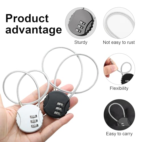 4 Pieces Steel Cable Lock with Combination, 3 Digit Combination Padlocks, Long Rope Padlock, Small Suitcase Padlocks for Aircraft (2 Sizes)